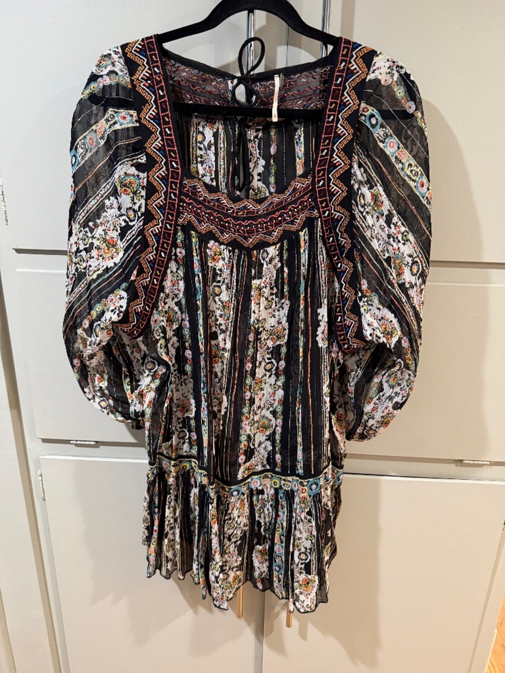 Free People Boho Peasant Mini Dress Tunic Embroidered Floral Stripe Large